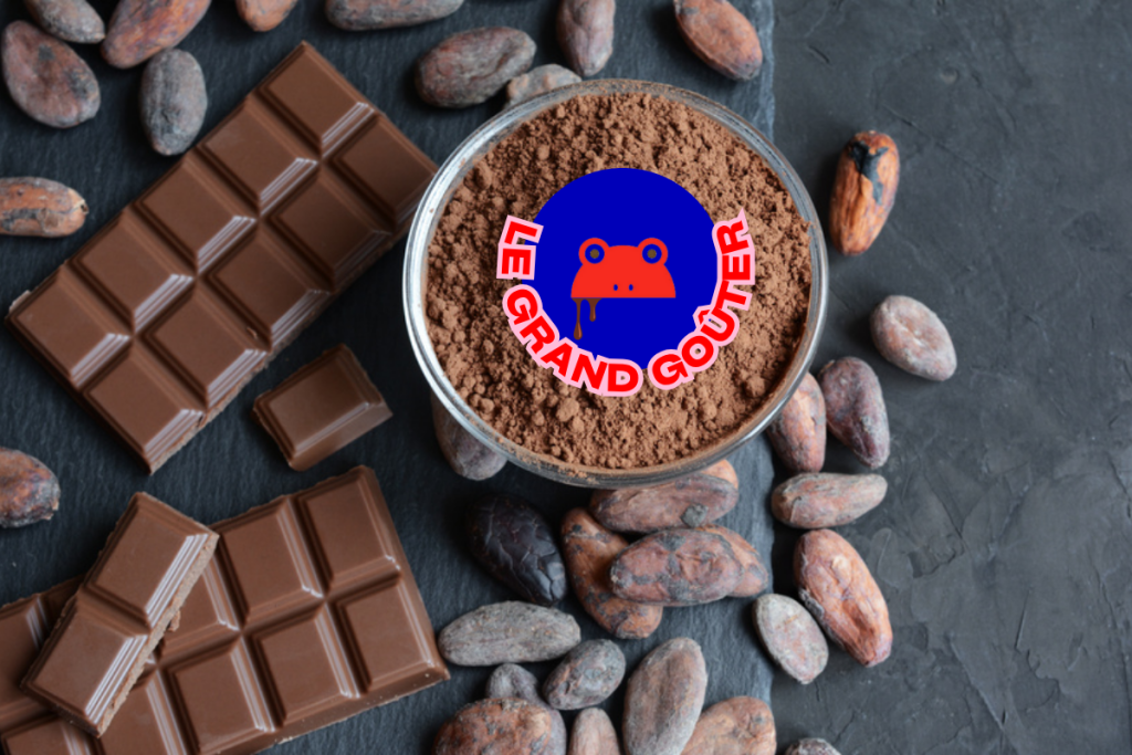 Tablette de chocolat au lait artisanal riche en cacao, Le Chocolat des Français, source de bienfaits naturels et de plaisir gourmand. Logo le Grand Goûter