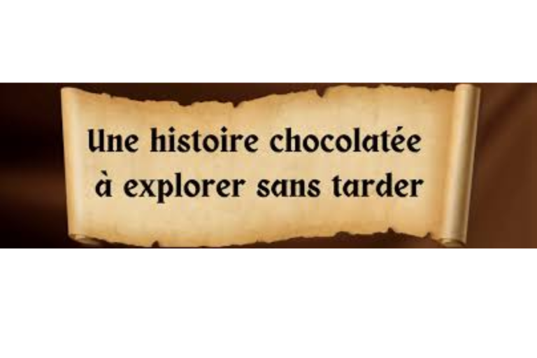Banderole avec l’inscription ‘Une histoire chocolatée à explorer sans tarder’, invitant à découvrir le monde du chocolat.