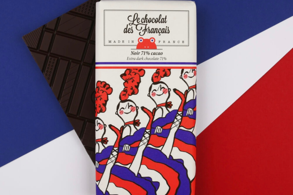 Tablette de chocolat noir intense 71 % cacao, fabriquée en France par Le Chocolat des Français. Chocolat artisanal riche en saveurs, avec un packaging illustré original et coloré.