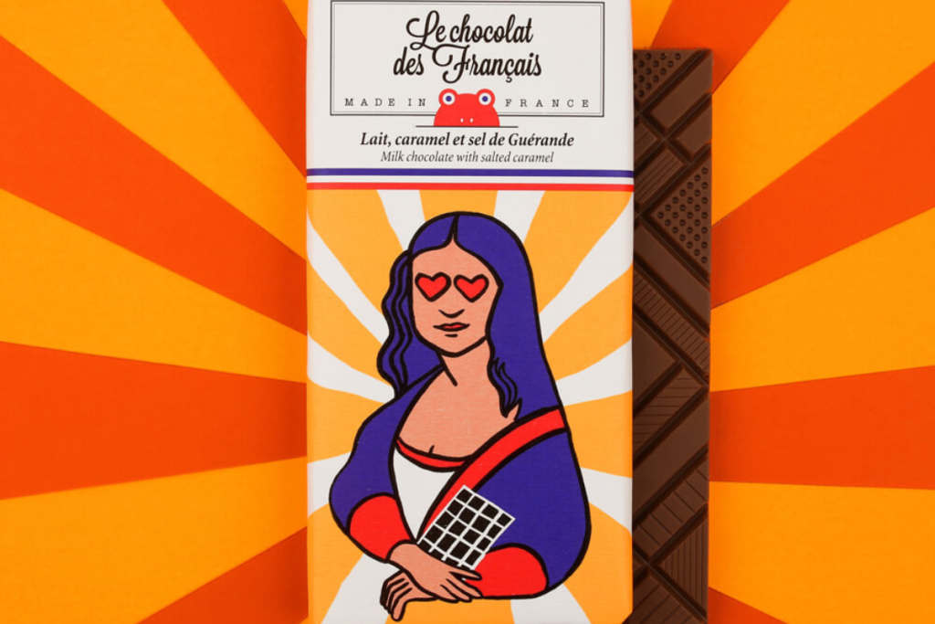 Tablette de chocolat Le Chocolat des Français avec packaging parodique de la Joconde illustration artistique pop, chocolat artisanal made in France, le Grand Goûter