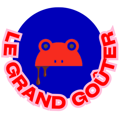 logo le grand goûter fond bleu chocolat artisanal tête de grenouille rouge